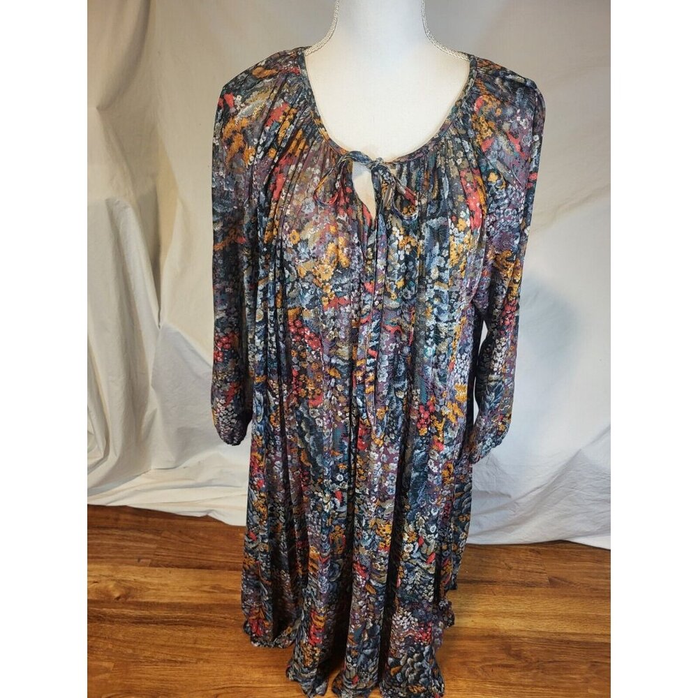 Vintage Anne's Closet Floral‎ Sheer Pleated Flowy Long Sleeve Dress